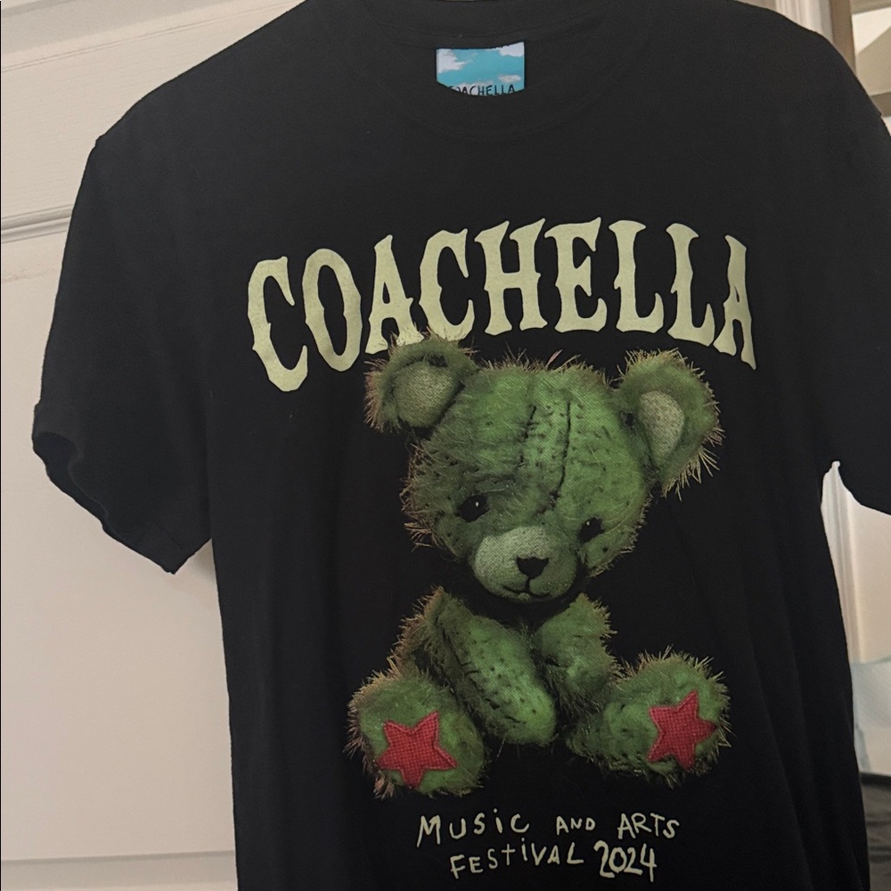 Coachella Black Graphic Tee with Green Teddy Bear